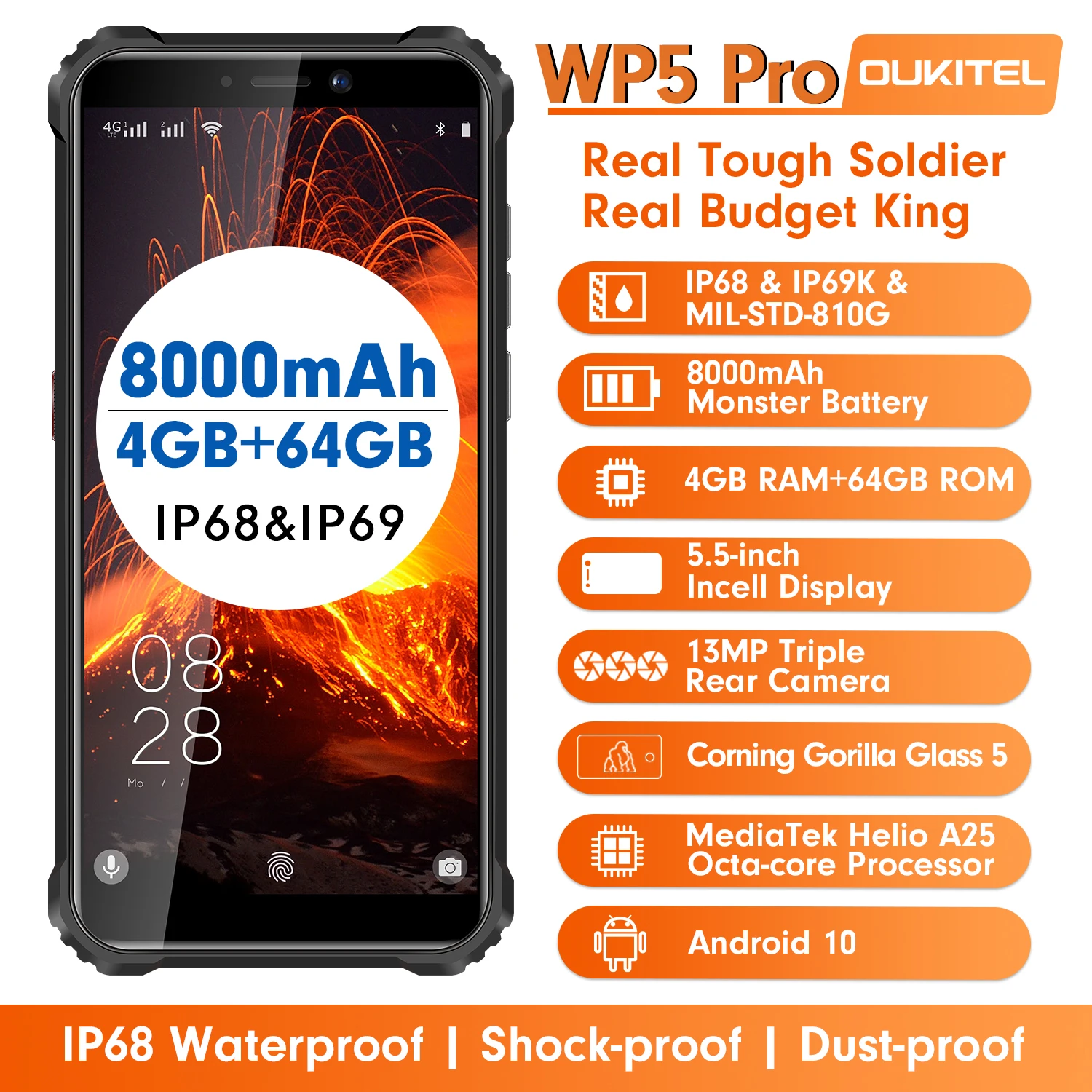 OUKITEL WP5 Pro IP68/IP69K Rugged Mobile Phone Waterproof Octa Core SmartPhone 5.5Inch Android 10.0 Helio A25 Cellphone Dual SIM