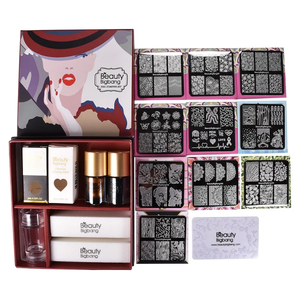 

Nail Art BeautyBigBang 16Pcs Set Nail Stamping Plates 10 Style With Clear Jelly Stamper 2pcs Stamper Black Nail Stamp Polish Set