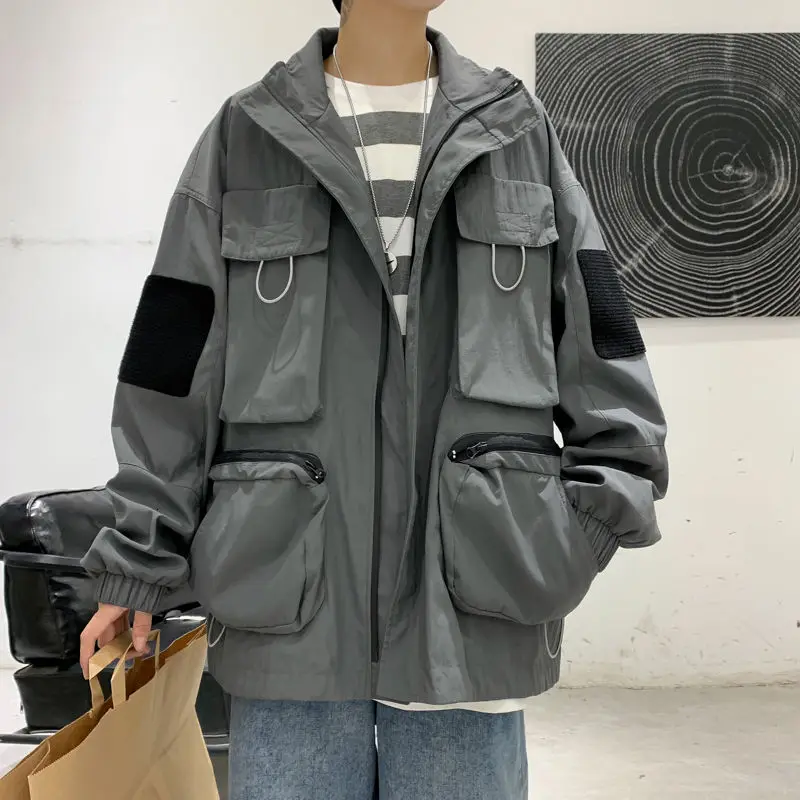 

Autumn Multi-pocket Tooling Jacket Men's Fashion Casual Hooded Jackets Mens Streetwear Loose Hip-hop Bomber Jacket Men M-2XL