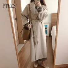 Новинка, длинное шерстяное пальто в Корейском стиле, Женское шерстяное пальто с отложным воротником и поясом, женская модная повседневная Осенняя верхняя одежда цвета хаки