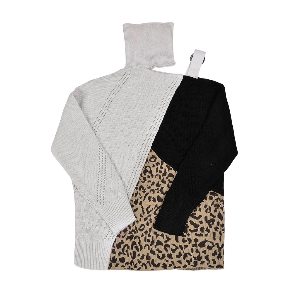 Леопардовая водолазка, свитер для женщин, из кусков, сексуальный, с открытыми плечами, цветной блок, трикотажные джемперы, Повседневный, летучая мышь, пуловер с длинным рукавом, 3XL