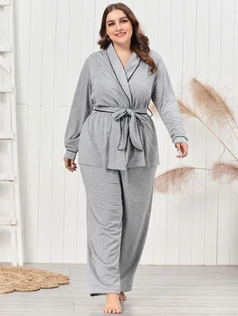 

Siskakia Solid Trim lapel long-sleeve Belted Bathrobe Pyjamas Sets Autumn 2020 Top with Trousers 2pcs plus size Night Suits Grey