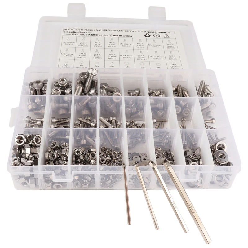 

520 Pcs Stainless Steel Screws And Nuts M3 M4 M5 M6 Hex Socket Head Cap Screws Assortment Set Kit With Storage Box