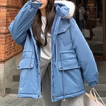 

Women Fashion Fur Collar Hooded Loose Long Parkas Winter Coats Thick Cotton Padded Jackets Female Solid Loose Casual Overcoat