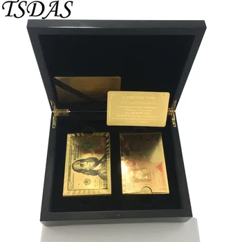 

2pcs/lot Gold Foil Poker Cards 24K Gold-Foil Plated USD 100 Dollar & UK 50 Pounds With Wooden Box Table Games