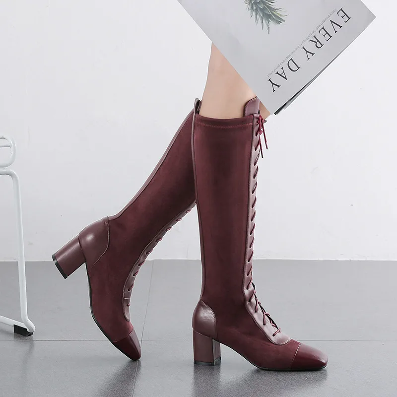 MORAZORA/Коллекция года; обувь из натуральной кожи наивысшего качества; женские сапоги до колена на шнуровке; модная Осенняя женская обувь на высоком квадратном каблуке