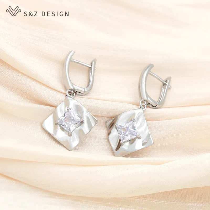 S&Z DESIGN New Fashion Geometric 585 Rose Gold Color Natural Zircon Dangle Earrings For Women Wedding Party Jewelry Gift