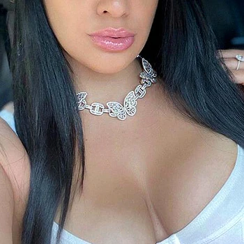 

Silver Color CZ Butterfly Choker Bling 12.5MM Iced Out Cubic Zirconia Lock Pin CZ Butterflys Necklaces Hip Hop For Women Jewelry