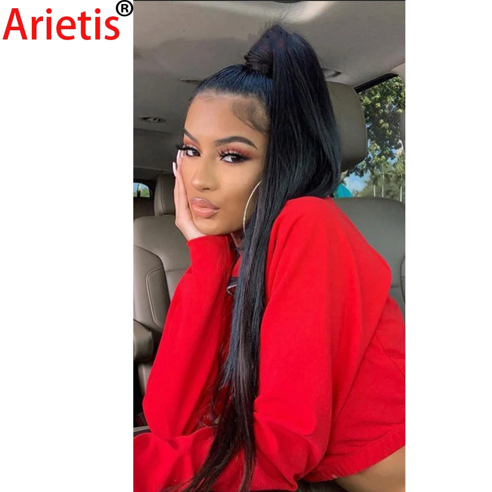 Arietis-Extensión de cabello humano con coleta para mujer, 100% Remy de 8 -26, color negro Natural liso peruano, Clip en cordón, color blanco