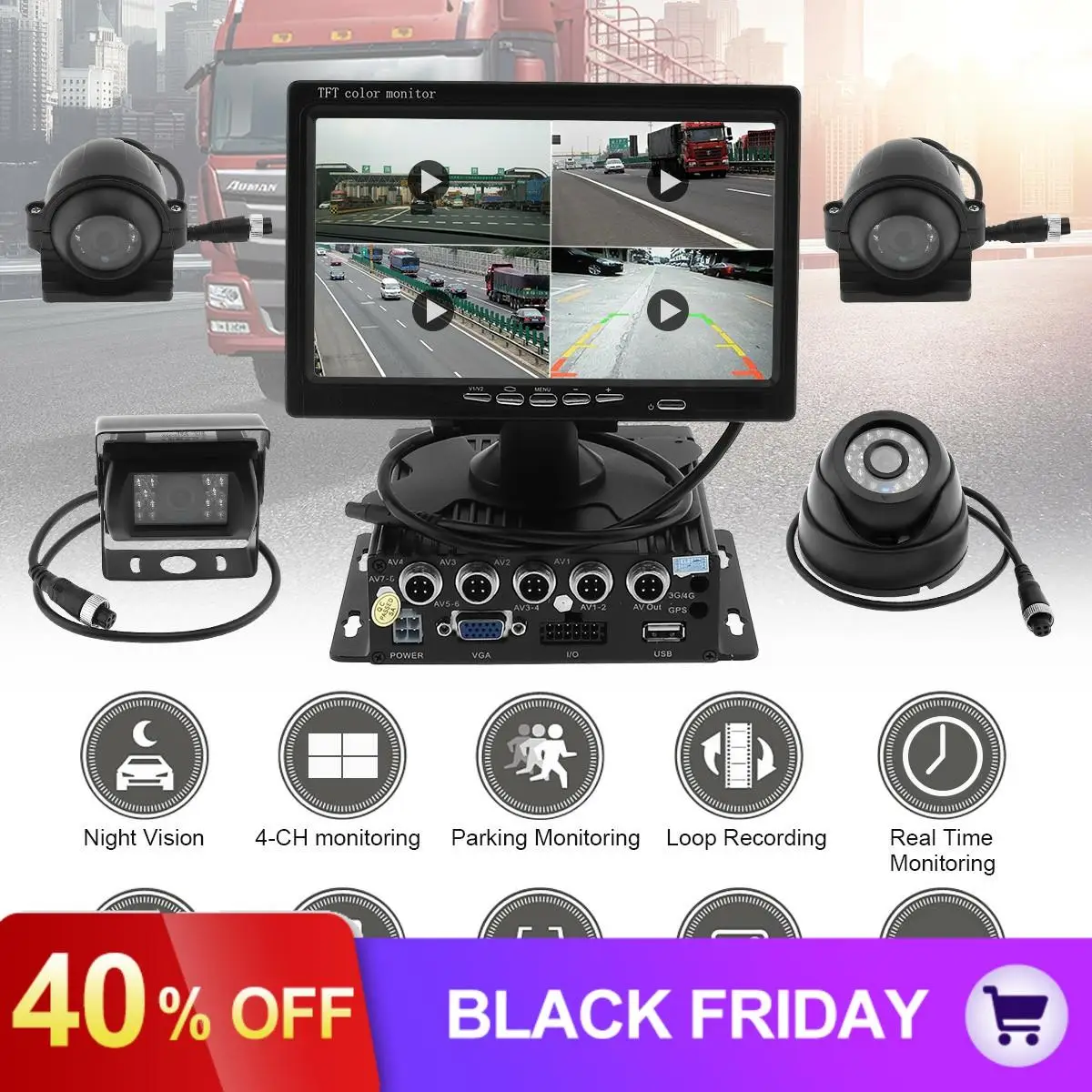 

7 Inch Quad Split Screen Vehicle Car Rear View Monitor 4x Side Rearview CCD Camera System for Auto Truck RV Bus