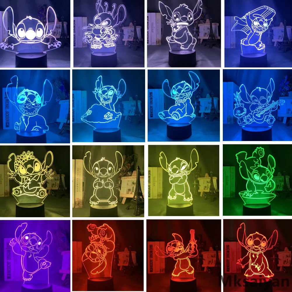 Disney Lilo Stitch Anime Figures 3D Night Lights 7 Color Changing Ohana Toys Decor Home Model Cute Doll Collectible Action Figma