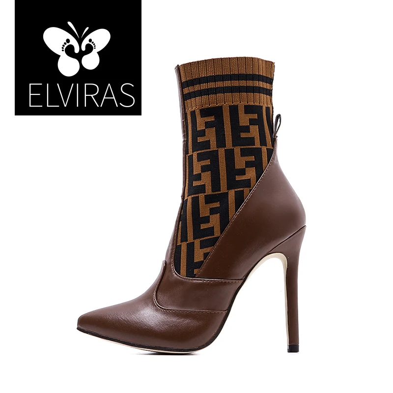 

ELVIRAS 2019 New Stretch Fabric Women Ankle Boots Pointed Toe High Heels Slip-On Sexy Sock heels Chelsea Boots size35- 42