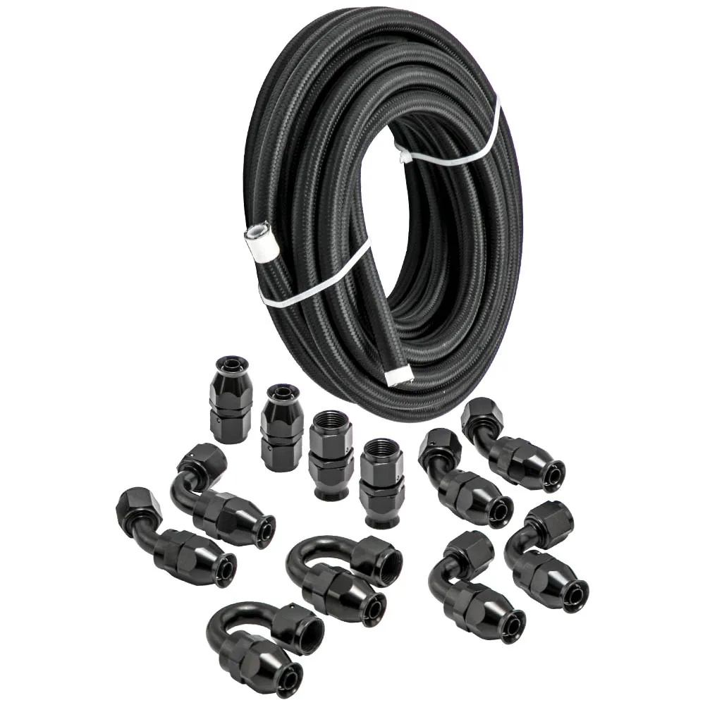 8AN 8AN Stainless Steel PTFE Fuel Line 30FT Black 12 Fittings Hose Kit