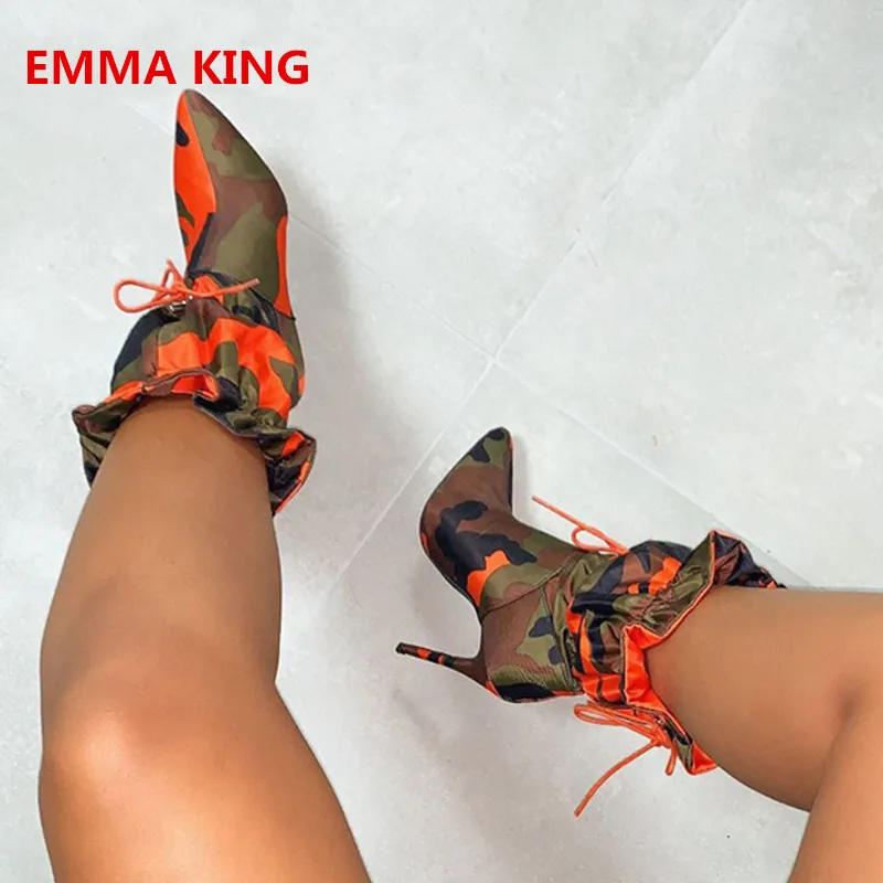

2019 Autumn New Camouflage Lace-Up Short Boots For Women Pointed Toe Sexy High Heels Shoes Stilettos Pleated Mid-Calf Booties