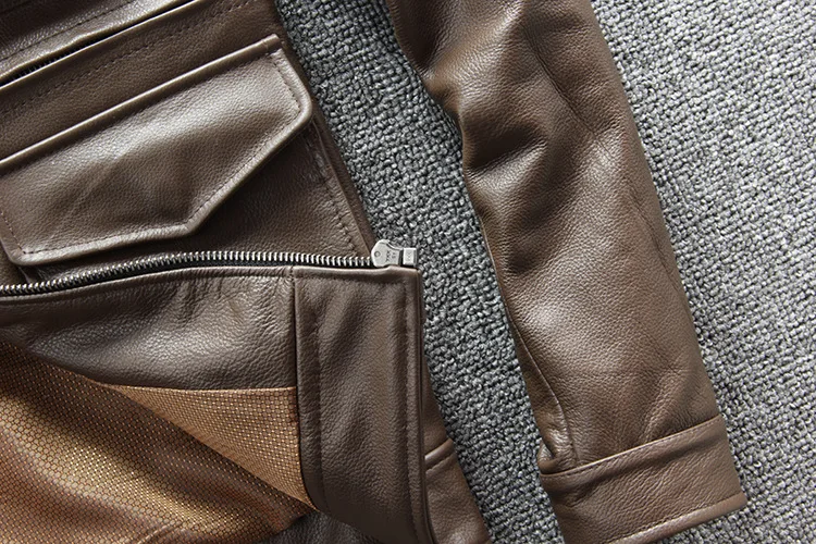 ABOORUN Men's Genuine Cowhide Leather Jacket Slim Motorcycle Biker Real Leather Jacket for Male Multi Pockets R3292