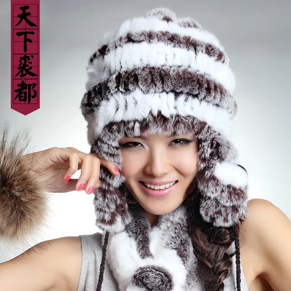 Зимние меховые шапки для женщин, вязаная шапка из кроличьего меха с шариковыми ушками, повседневные женские шапки-бомберы, шапочки