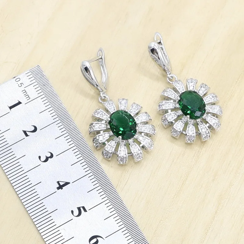 Цветок Зеленый Кристалл 925 серебряные Свадебные украшения наборы для женщин серьги кольца ожерелье кулон подарок на день рождения коробка