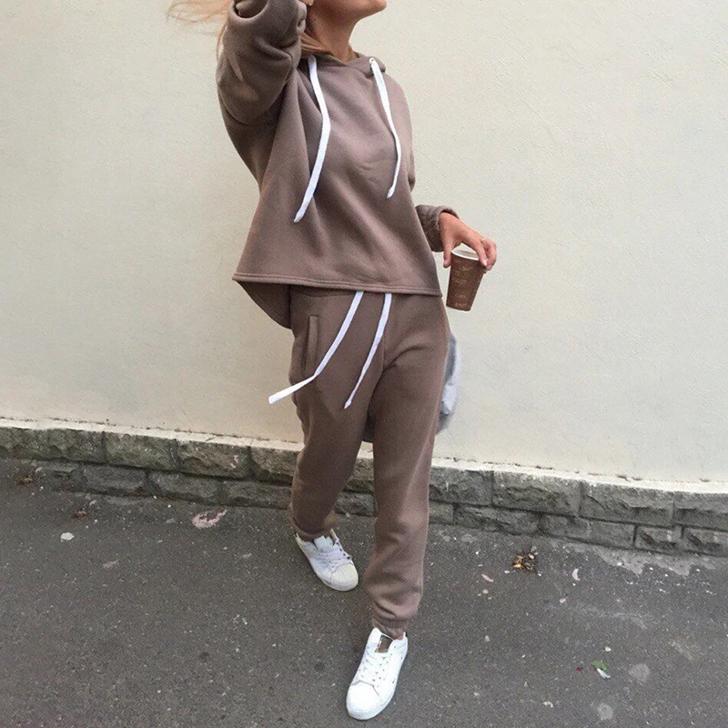 Women Casual Sets New Fashion Hooded Tops Sweatshirt+Solid Long Pants Clothing Suits Female Tracksuit 2pcs |