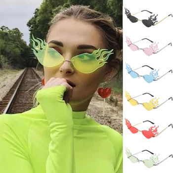 

Fire Flame Sunglasses 2020 Women Men Rimless Sun Glasses Wave Metal Frame Hip Hop Eyewear Luxury Narrow StreetWear Okulary