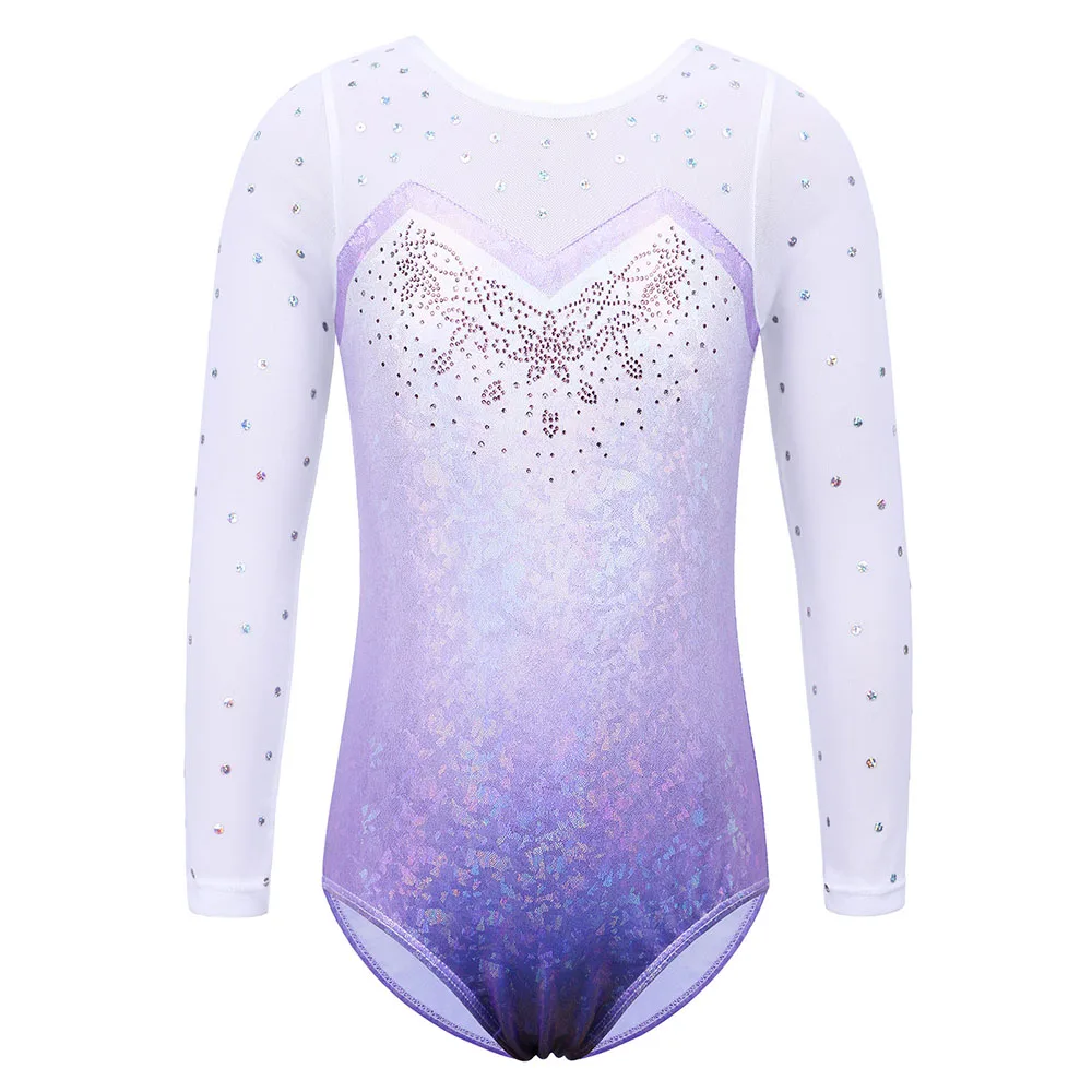BAOHULU Long Sleeve Mesh Patchwork Leotards for Girls Toddler Kids Diamond Gymnastics Jumpsuit Bodysuit Teens Gymnastics Clothes