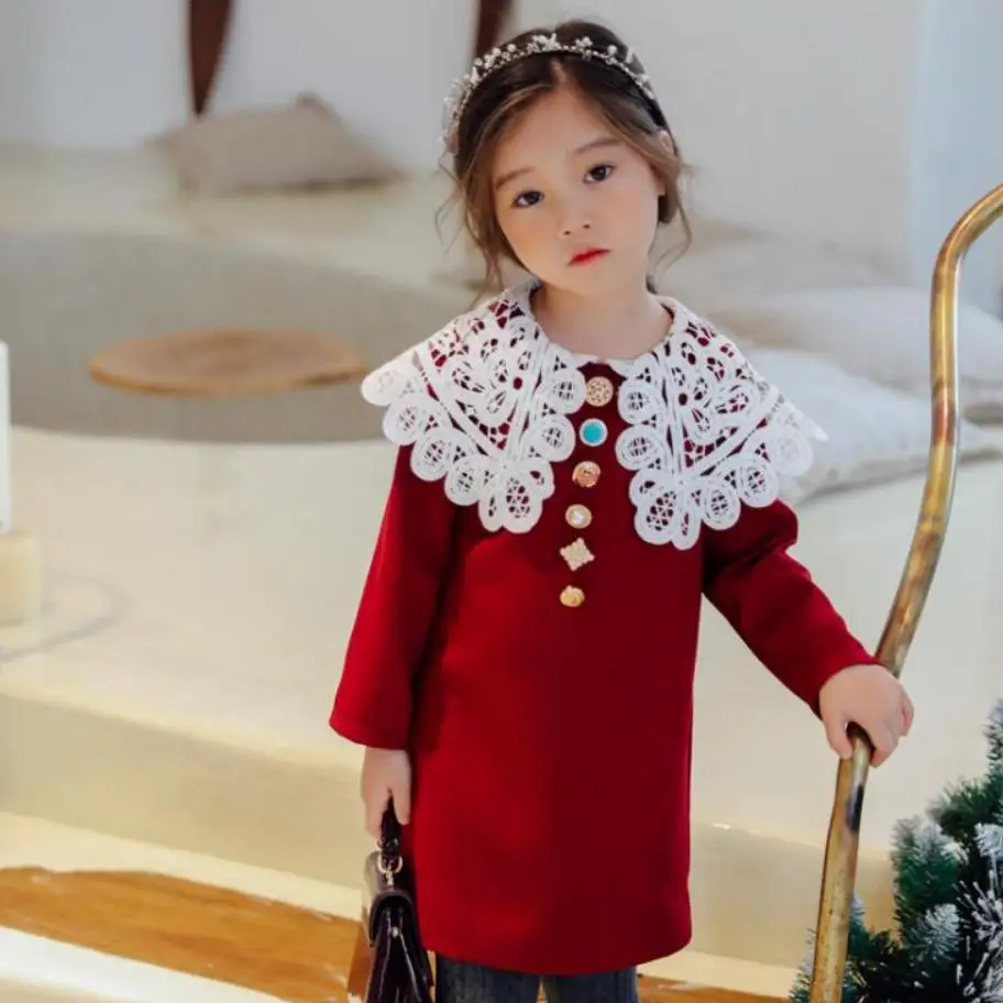 

2019 Autumn new Korean children's clothing girls dress Lace stitching Long sleeve lapel princess dress modis kids vestidos Y1824