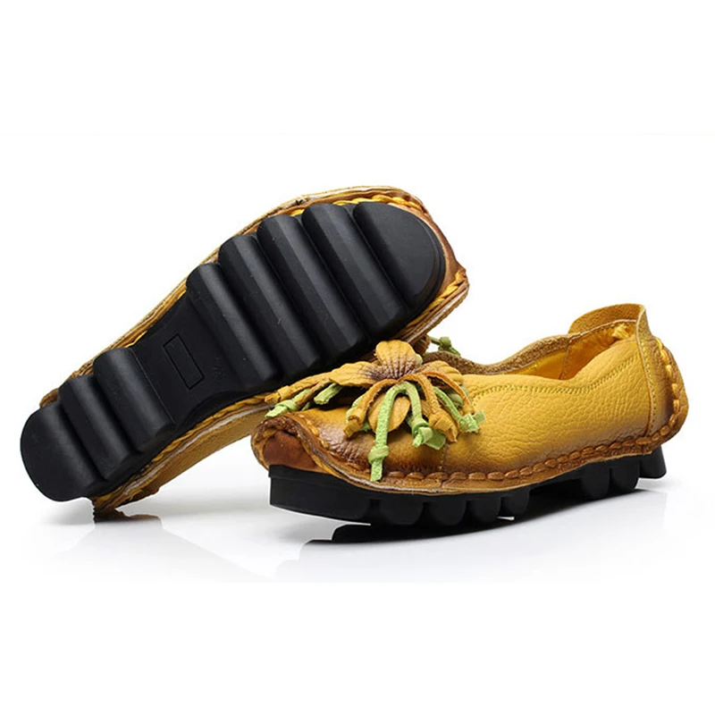 Женская обувь ручной работы из натуральной кожи; обувь на плоской подошве с цветочным принтом в национальном стиле; женская обувь на мягкой плоской подошве в стиле ретро; Осенняя обувь на плоской подошве