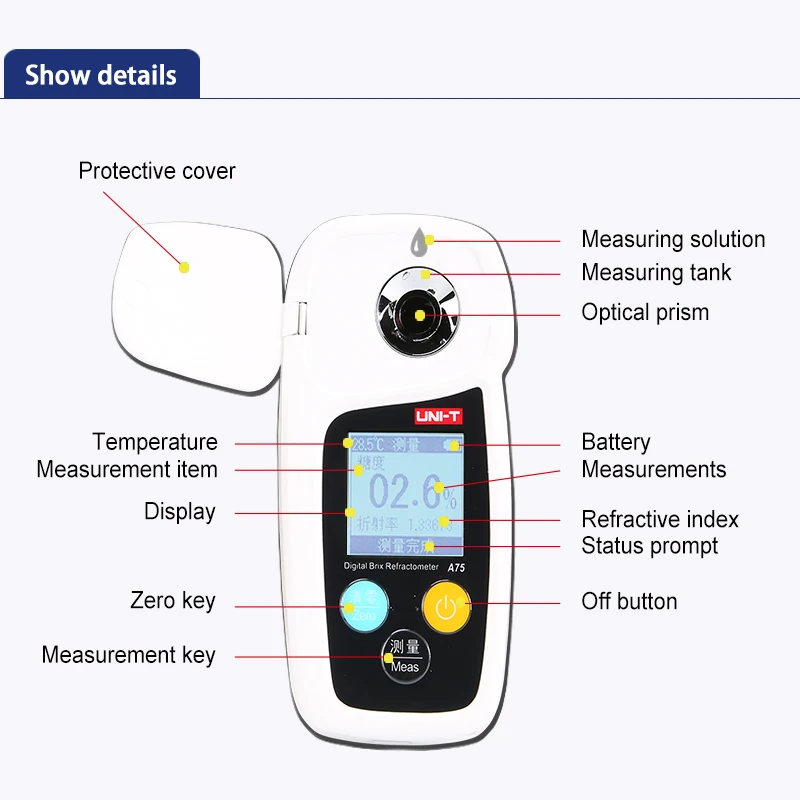 Digital Sugar Meter Uni-t Concentration meter Analytical Instruments Fruit Food Vegetables Solution A75 Sugar Detecting Device