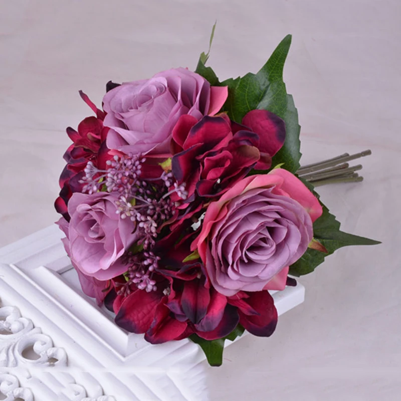 New Artificial Rose Flower Bouquet Floral Desktop Bridal Hydrangea Wedding Decor - Цвет: Cerise Wisteria