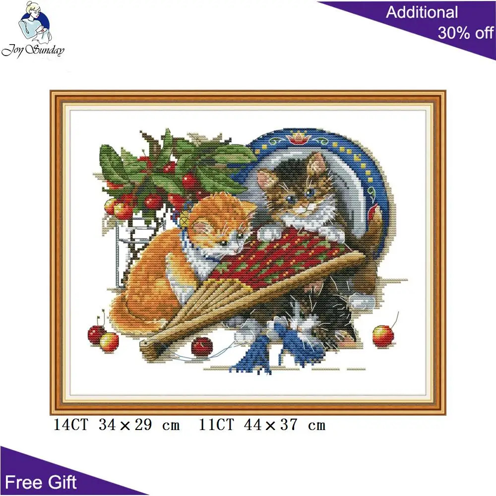 Joy Sunday кошки и веер Вышивка крестом DA324 14CT 11CT Счетный и штампованный домашний декор котята и веер наборы для вышивки крестом