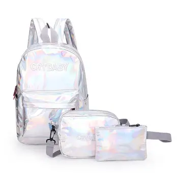 

2019 Holographic Laser Backpack Embroidered Crybaby Letter Hologram Backpack set School Bag +shoulder bag +penbag 3pcs