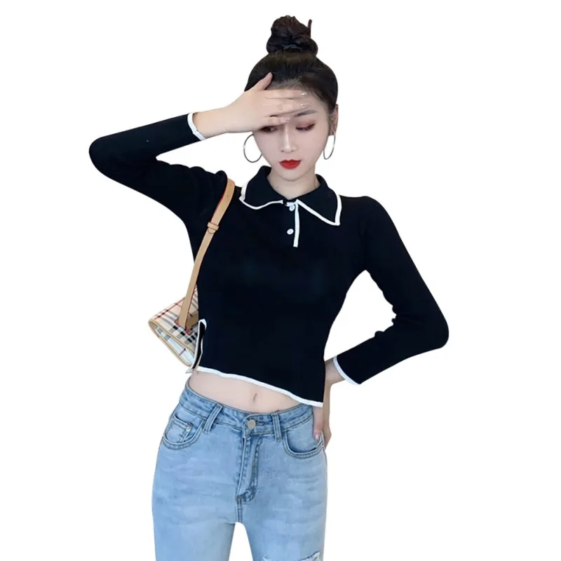 Women Autumn Polo Collar Knitted Sweater Solid Color Long-Sleeved Casual Slim Bottoming Tops Pull Femme Fashion