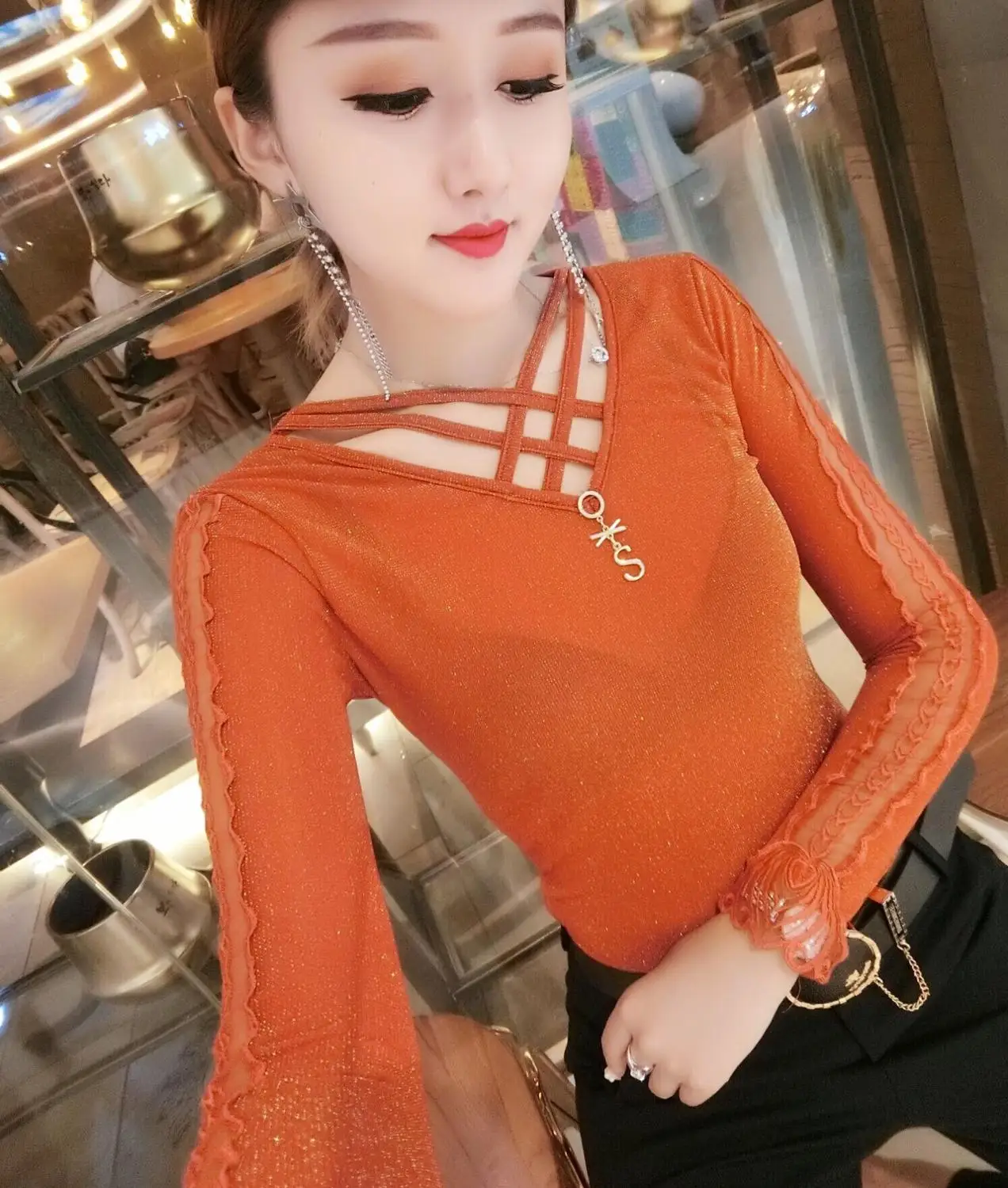 Корейский сексуальный лоскутный модный блестящий топ, новинка, Осень-зима, женский кружевной топ с длинным рукавом, рубашка, одежда, Camiseta Mujer T98902