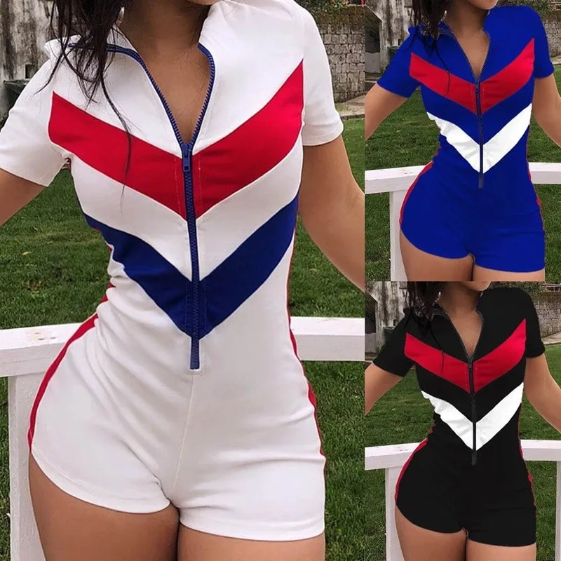 2020 Striped Patchwork Playsuit Romper Sexy Women Deep V-neck Front Zipper Jumpasuit Short Sleeve Bodycon Sports Causal Jumpsuit 2020 Striped Patchwork Playsuit Romper Sexy Women Deep V-neck Front Zipper Jumpasuit Short Sleeve Bodycon Sports Causal Jumpsuit