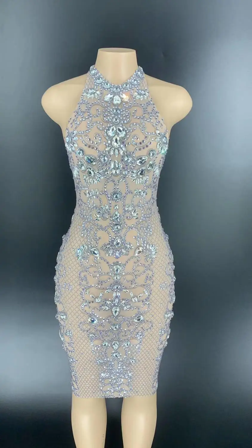 Sexy Mesh See Through Party Crystal Dress Women