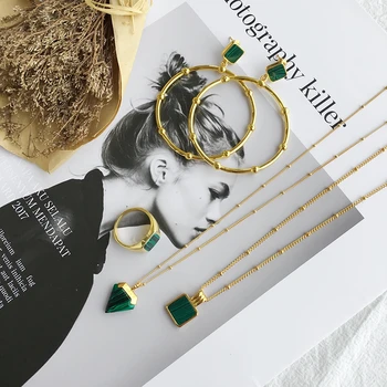 

Gold Natural Green Malachite Stone Collar Necklace Crystal Large Round Drop Earring Cuff Finger Rings Ins Design Women Jewelry