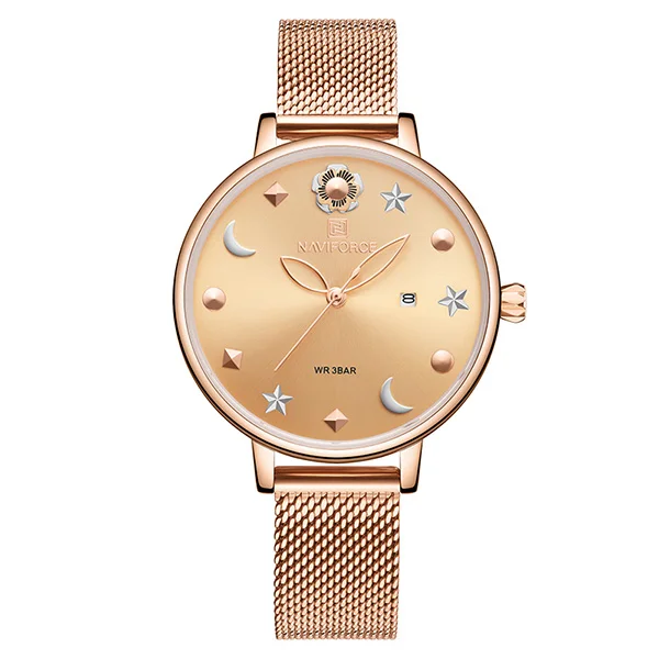 NAVIFORCE женские часы водонепроницаемые Топ брендовые Роскошные модные Moon Star дизайнерский кожаный браслет женские наручные часы женские подарки - Цвет: Rose Gold No Box