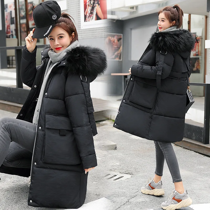 

2019 Winter New Style Korean-style Thick Medium-length down Jacket Cotton-padded Clothes Women's Wholesale Large Fur Collar Hood