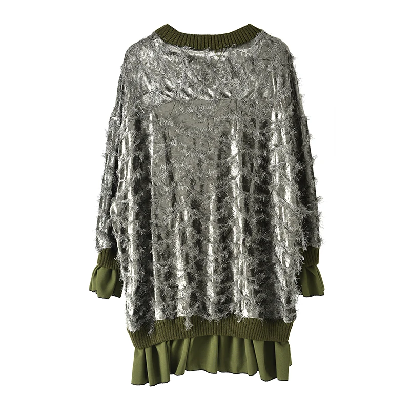 [EAM] Women Green Tassels Ruffles Split Big Size Dress New Round Neck Long Sleeve Loose Fit Fashion Spring Autumn 1K667
