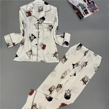 

Women Faux Silk Satin Pajamas Set 2 Piece Spring Summer Long Sleeve Shirt and Long Pants Sleepwear Pajamas Suit Female Pyjama
