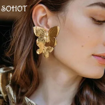 

SOHOT Bohemia Retro Double Gold Color Butterfly Women Drop Earrings Alloy Exaggerated For Female Party Jewelry Bijoux Gift