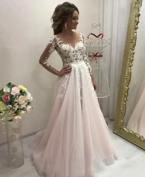 

Wedding Dresses 2021 A-Line Blush Pink With Long Sleeve Lace Appliques Sweep Train Sheer Back Charming Bridal Gowns For Brides