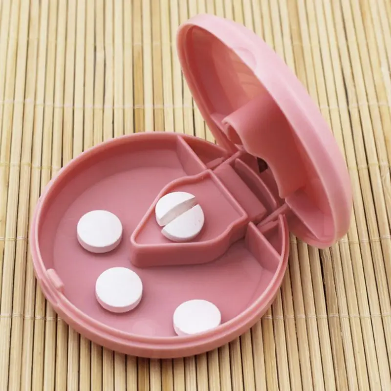 Home Portable Round Shape Pill Splitter Case Medicine Tablet Cutter Holder Doser Divide Storage Compartment Box Safety Shield