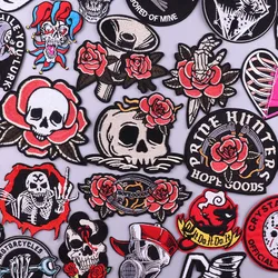 Punk Rose Skeleton Patch Iron On Patches Skull Clorhing Stickers Embroidered Patches For Clothing Appliques Stripe Hippie Badges