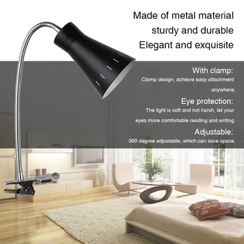 

Clip On Reading Light Long Arm Eye Protection Home Study Adjustable LED Desk Lamp With Clamp Flexible Metal Pull Line Switch