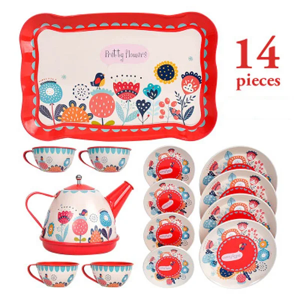 14PCS Teapot Teacup British Style Afternoon Tea Tinplate Toys Kids Kitchen Kids Tea Set Toys Pretend Play Toys For Girl - Color: Red