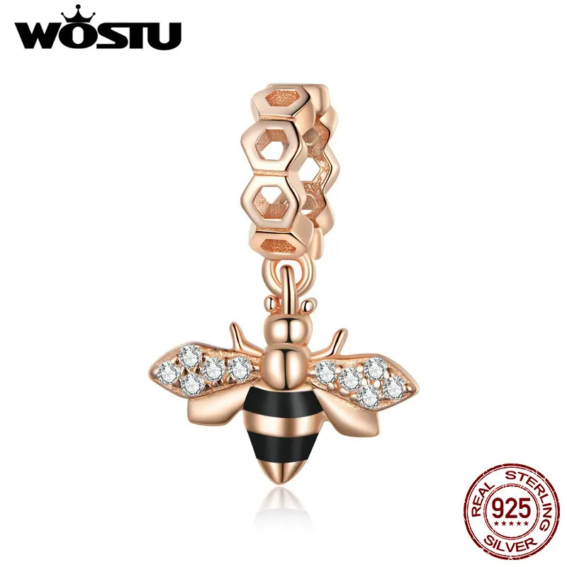 WOSTU Little Bee Charm Стерлинговое Серебро 925 пробы розовое золото циркон бусины с животными подходит для