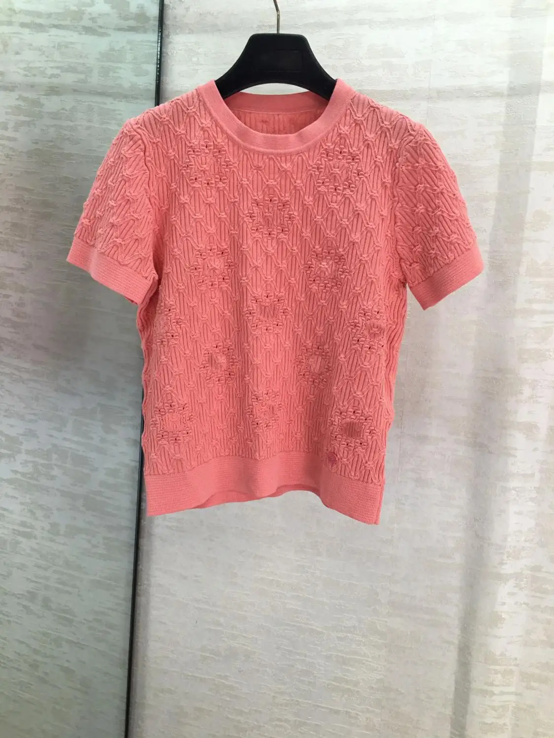 12,5 модная новая жаккардовая трикотажная футболка с круглым вырезом и короткими рукавами из хлопка - Цвет: Розовый