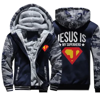 

Jesus Is My Superhero Jackets Men Christ Hoodies Sweatshirt Winter Thick Zipper Coats Sportswear Camouflage Outwear Plus Size