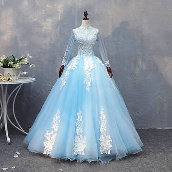 

2020 New Arrival Vlnuo Nisa Full High Floor-length Ball Gown Tulle Regular Backless Vestidos De Graduacion Con Manga Graduation