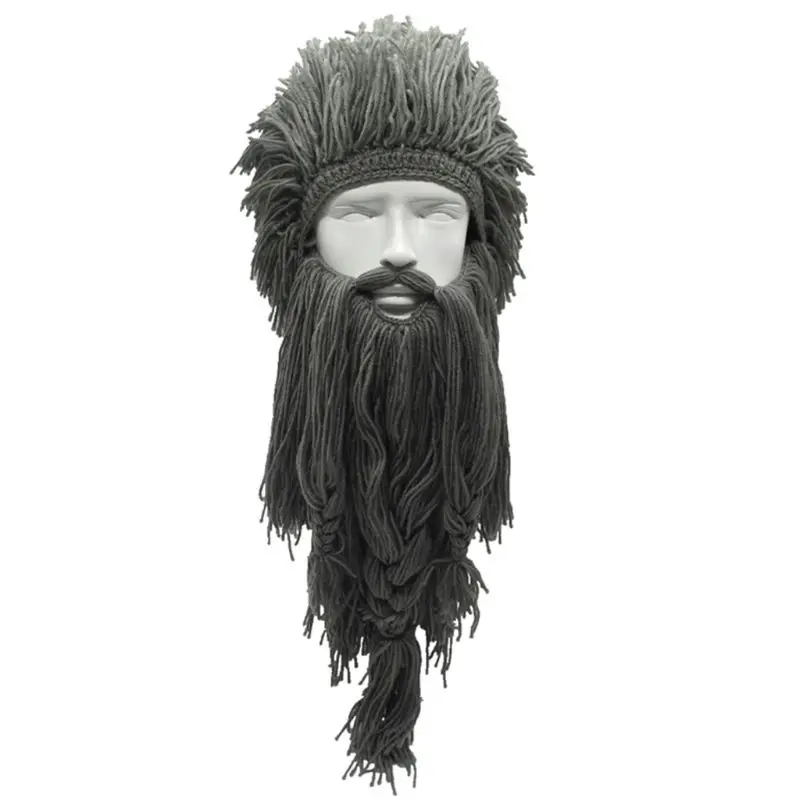 Мужская Женская варварская викинговая вязаная шапка ручной работы со съемной длинной фальшивой бородой забавная сумасшедшая теплая шапочка для косплея на Хэллоуин